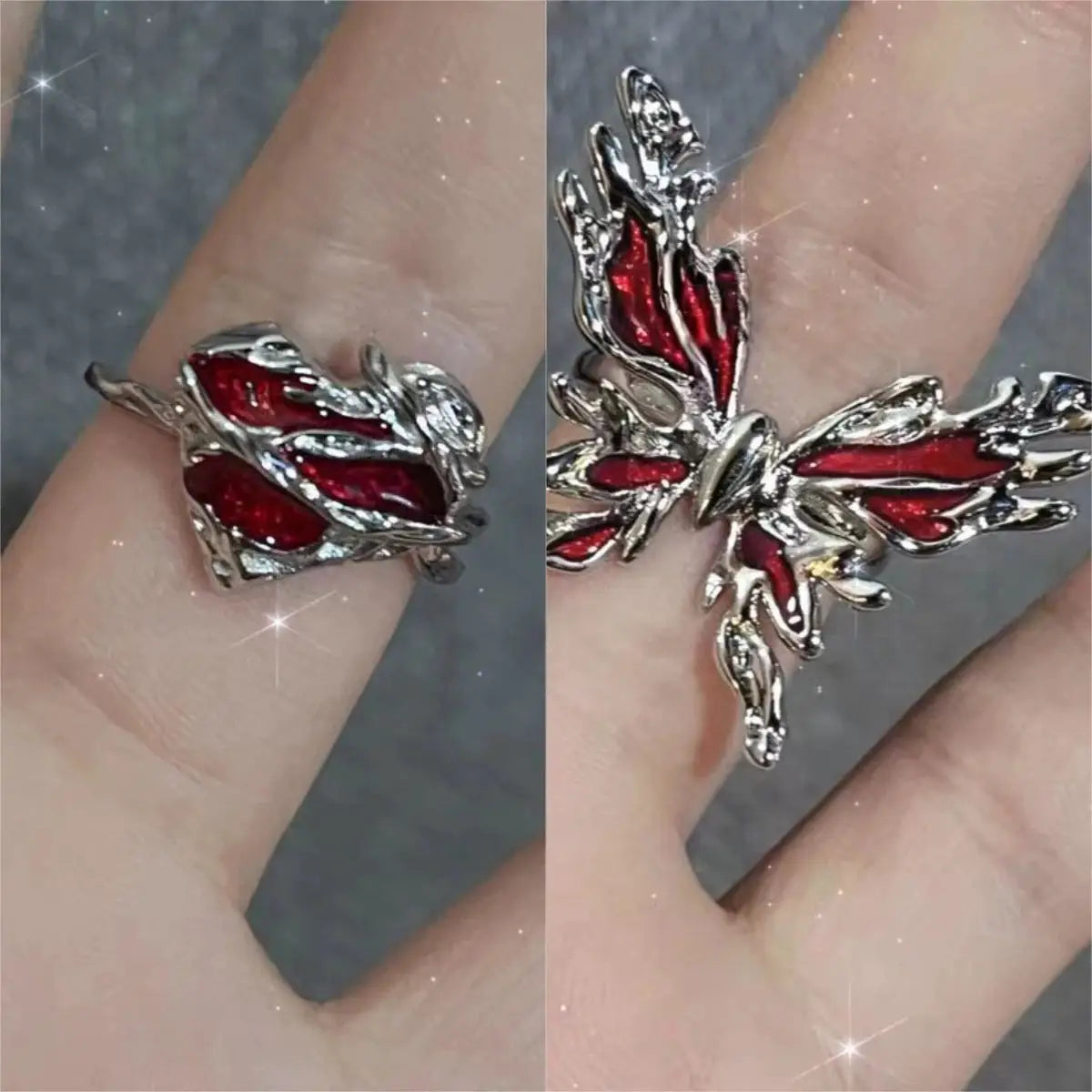 Goth punk open ring set in silver-tone metal with red crystal heart and geometric accents