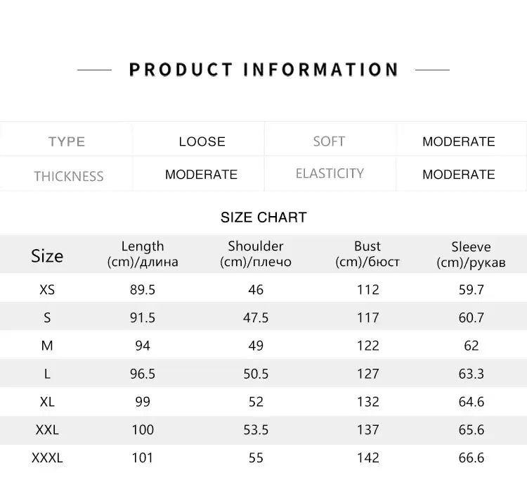 Semir Down Jacket Men by Simples Market; long hooded loose fit with size chart showing length shoulder bust sleeve