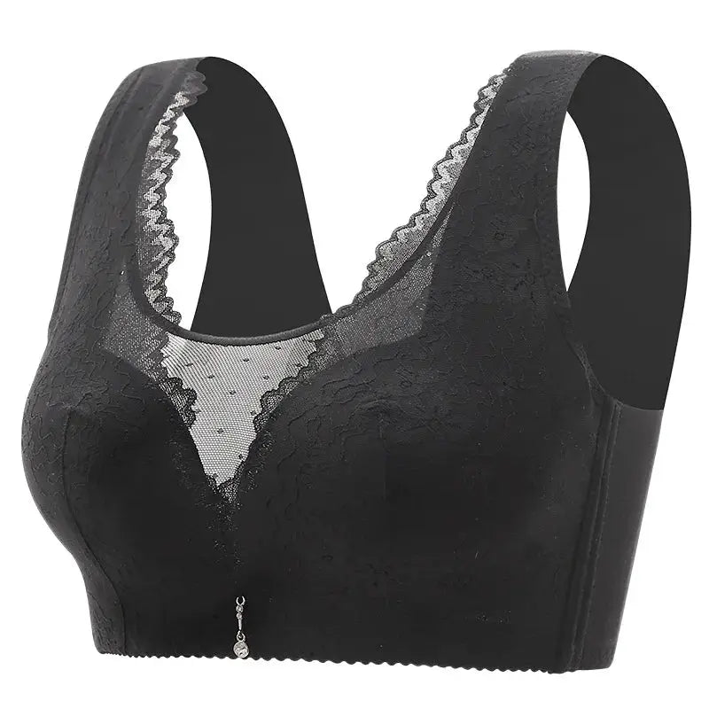 Bra black lace wireless bra with wide straps, V-neck mesh panel, no underwire