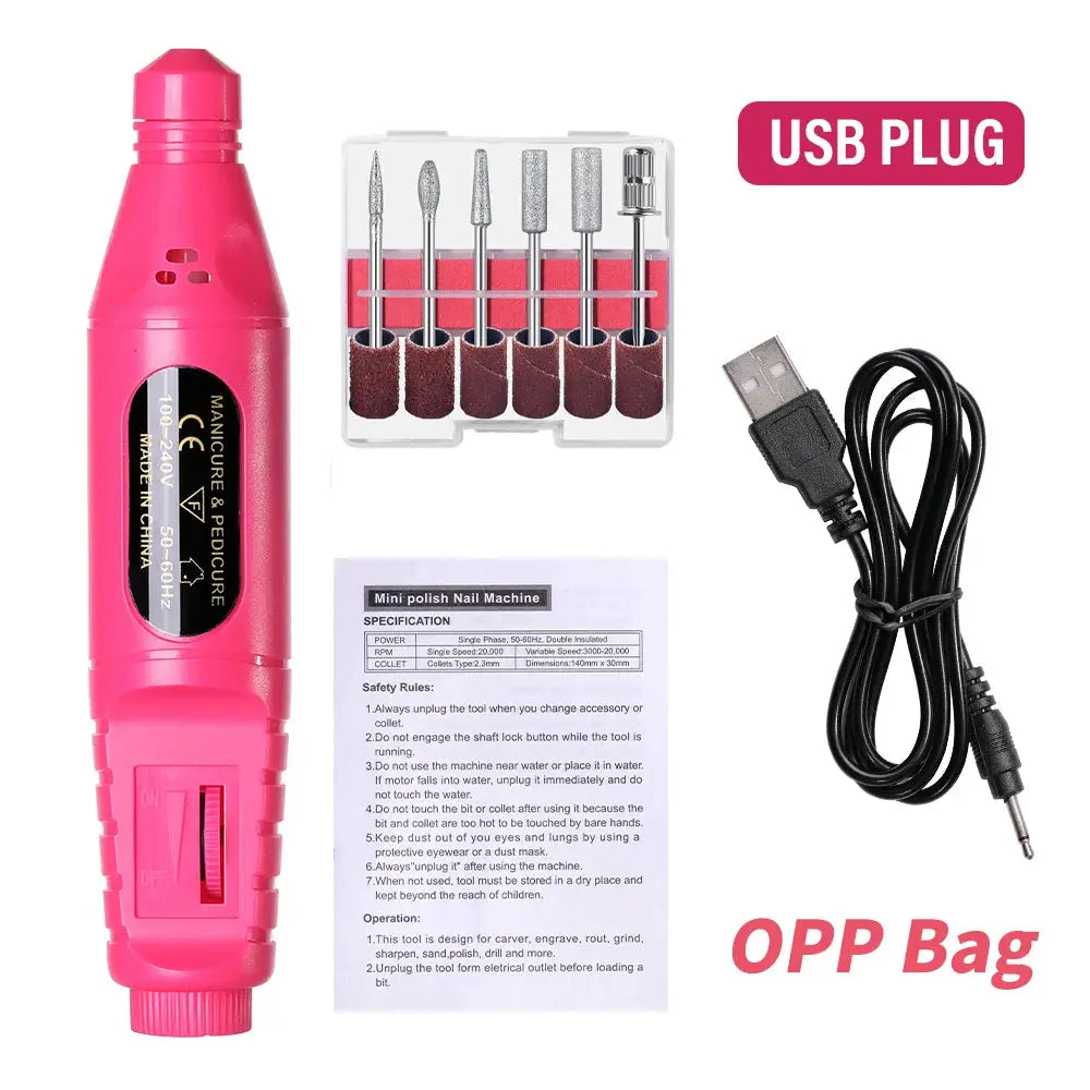 LINMANDA 6 In 1 Electric Nail Drill Kit Portable USB Powered Low Noise 0 To 20000 RPM For Manicure And Pedicure
