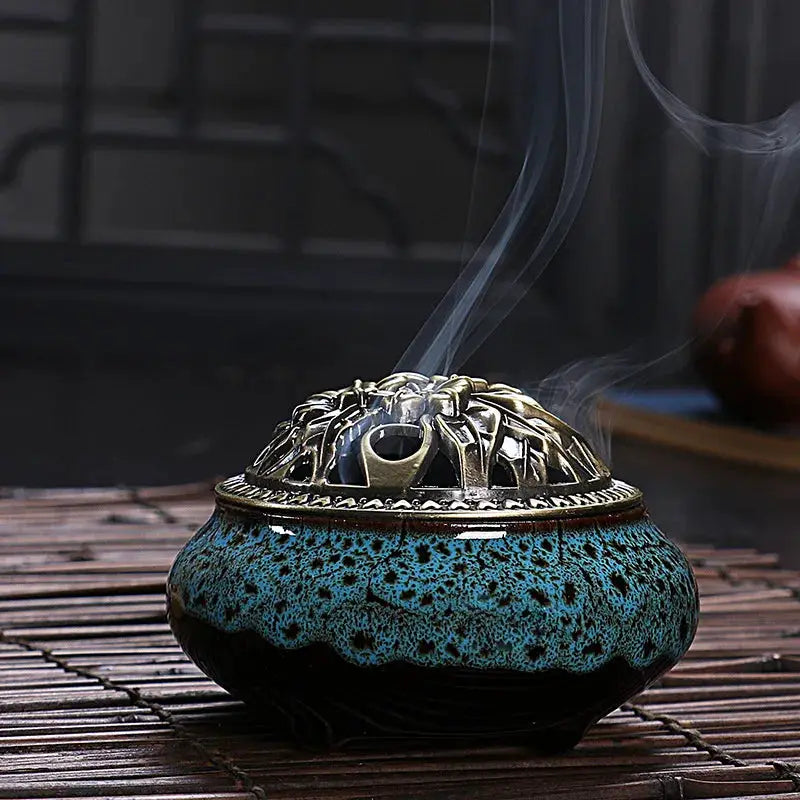 Ceramic Ice Crack Plate Incense Burner With Antique Copper Cover Aroma Diffuser Home Decor