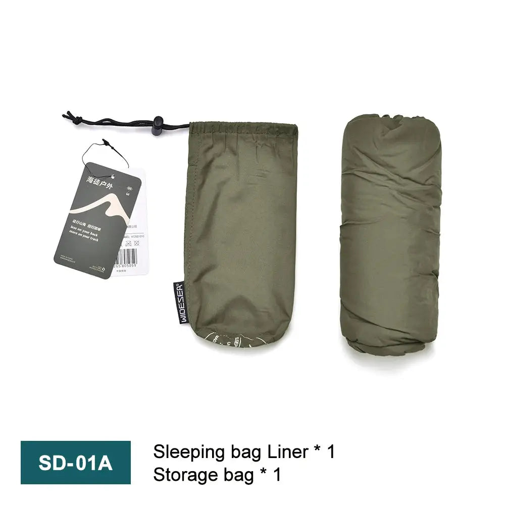 Sleeping bag liner set by Simples Market in olive green ultralight fabric with storage bag