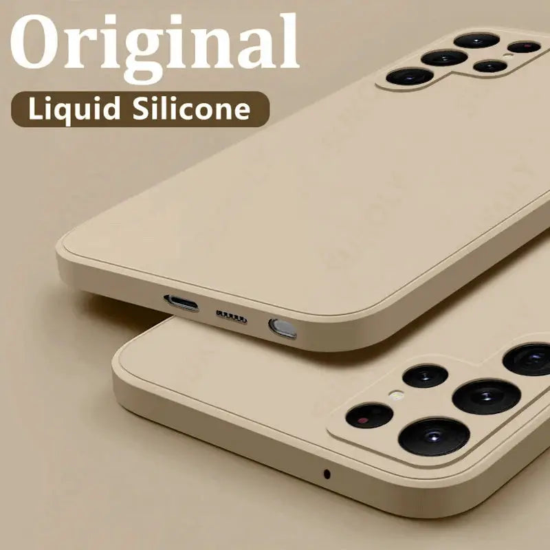 Two beige Simples Market Samsung Galaxy phone cases, shockproof liquid silicone; compatible with Galaxy S22–S26 Ultra