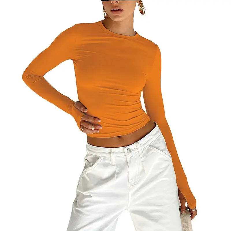 NovaTrend Women Crop Top Long Sleeve Crew Neck Slim Fit Tee Cotton Polyester Blend With Thumb Hole Design For Comfort