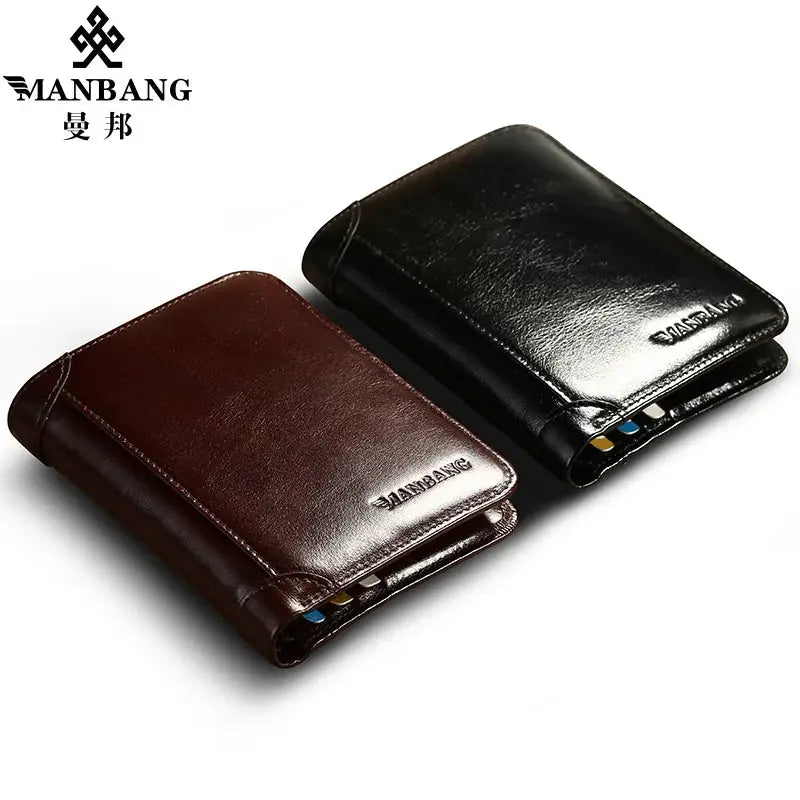 ManBang genuine leather wallets, two brown and black cardholder purses with embossed logo.