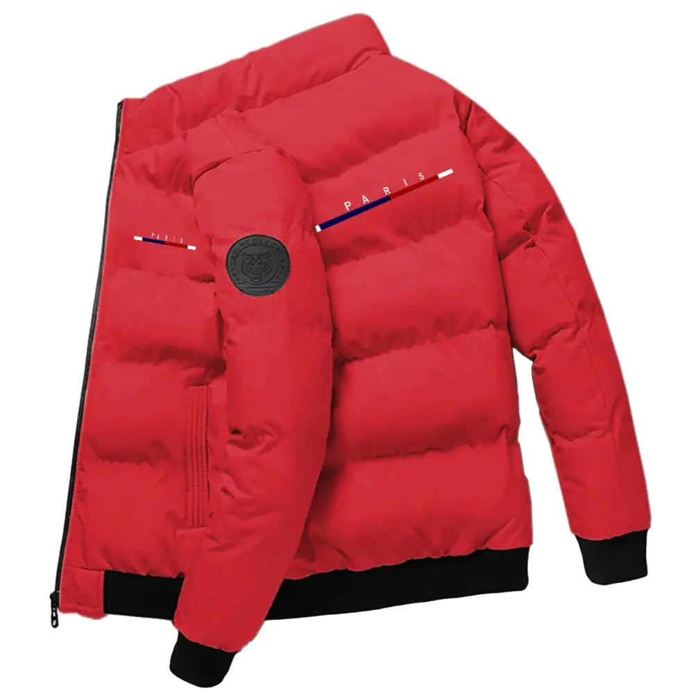 Men's red Parker down jacket by Simples Market; black rib cuffs and hem, quilted puffer coat, logo patch on sleeve
