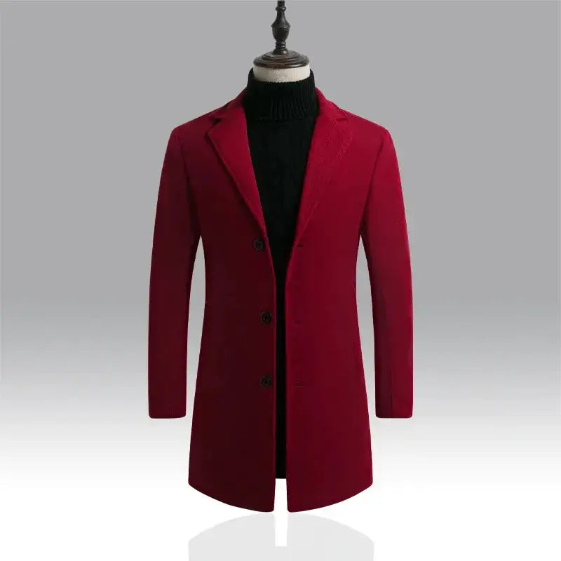Men's red wool-blend long coat by Simples Market, single-breasted with dark buttons.