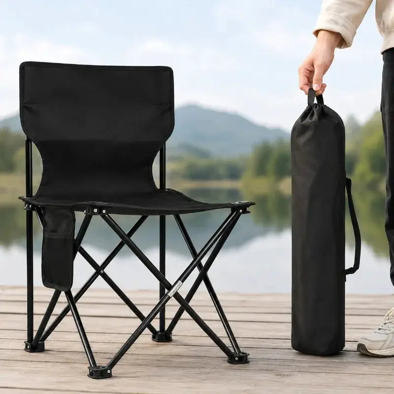Simples Market portable folding camping chair in black Oxford cloth with side pocket and carry bag