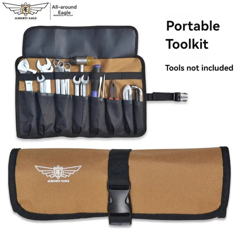 Simples Market portable toolkit roll in brown Oxford cloth with black trim and buckle; open view shows tool pockets.
