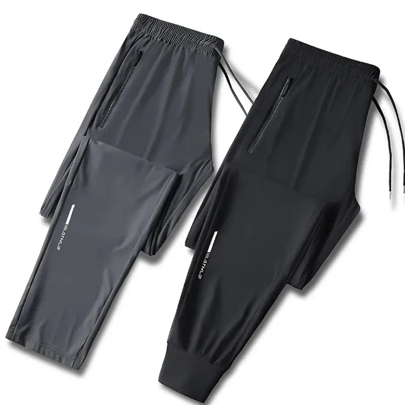 Simples Market two-pack men's ice silk jogger pants in grey and black with zip pockets and drawstring waist