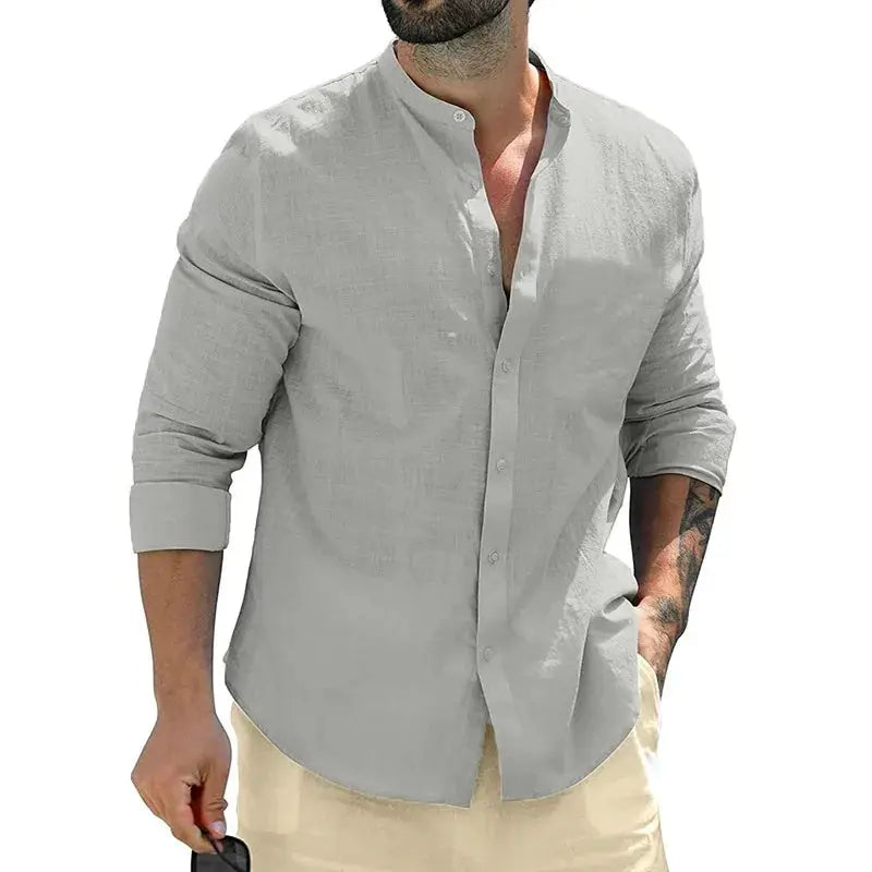 Autumn Mens Long Sleeve Cotton Shirt For Business Casual Solid Color Breathable Streetwear Button Front White