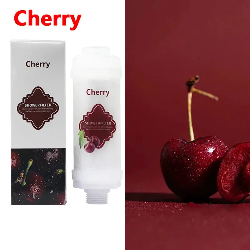 Cherry shower filter cartridge set with white cartridge and box, featuring cherry label beside fresh cherries