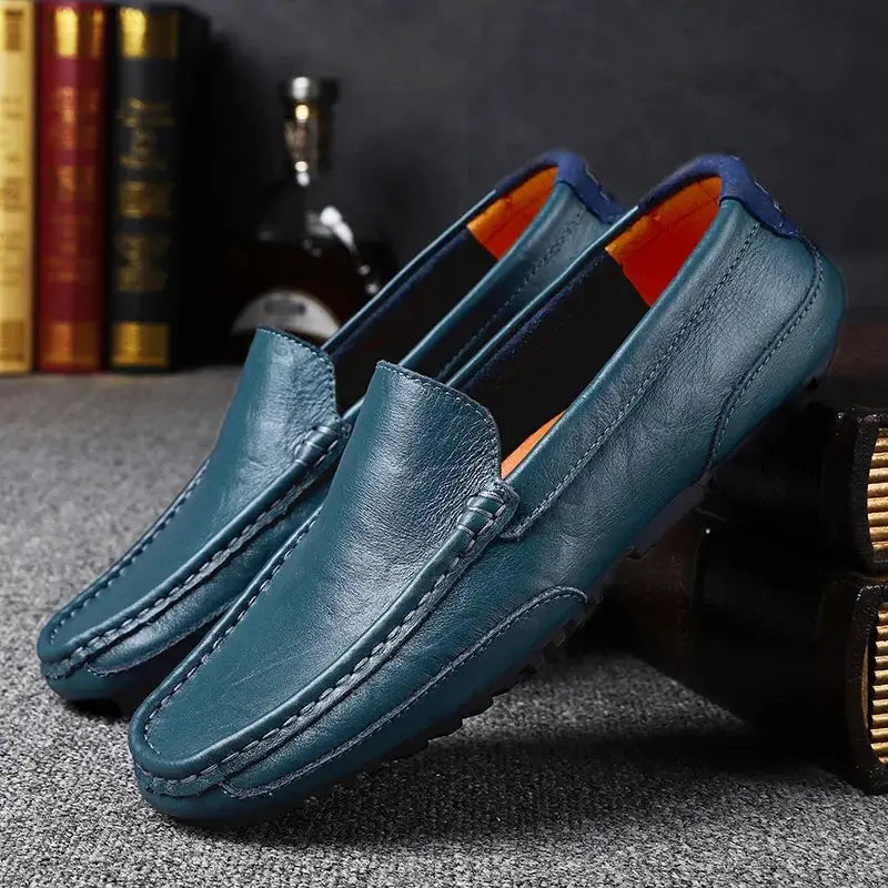 Simples Market men's teal genuine leather loafers, breathable slip-on moccasins with orange lining pair