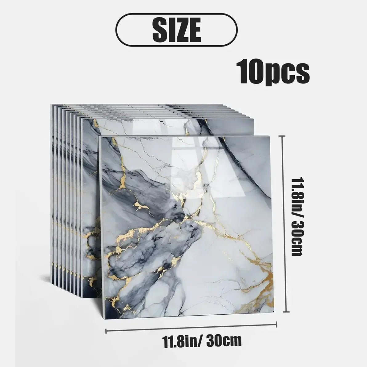 Simples Market self-adhesive marble tile wallpaper, 10pcs, gray/white with gold veining, 11.8in square