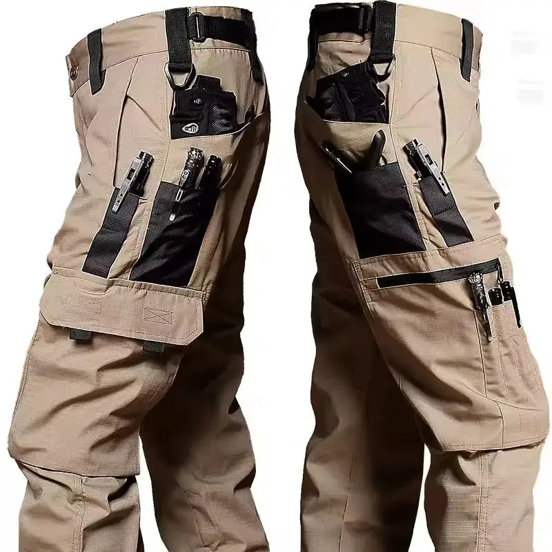 Men's Simples Market multi-pocket cargo pants, tan waterproof straight-leg workwear with zippered pockets