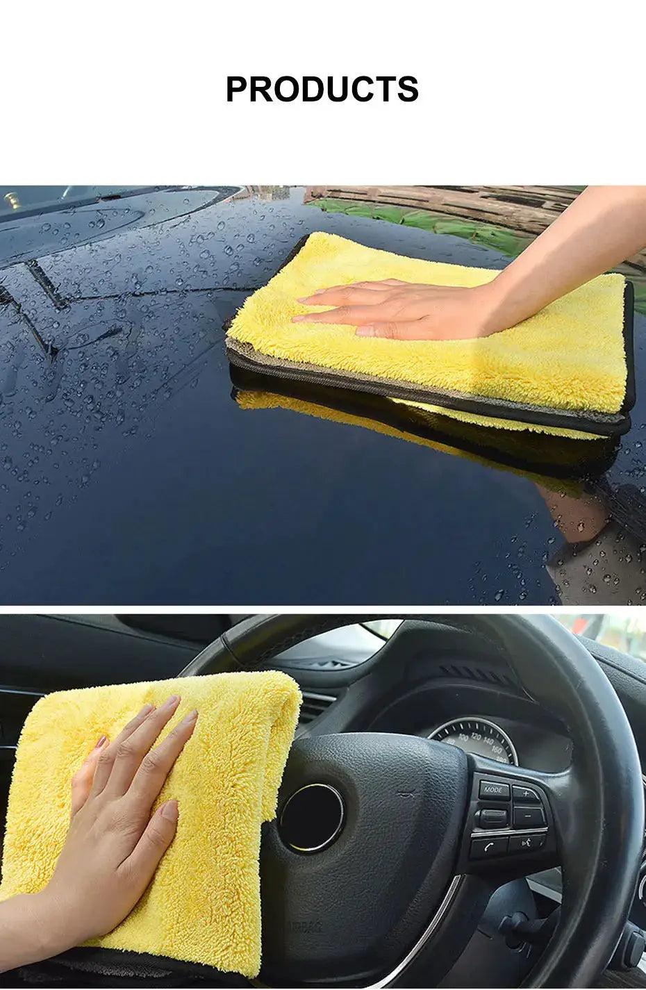 Microfiber car wash towel, yellow, for drying and detailing exterior and interior surfaces