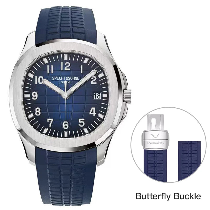 Specht&Söhne men's blue sports watch with stainless steel case, blue dial, date window, silicone strap, 50m water resistance.