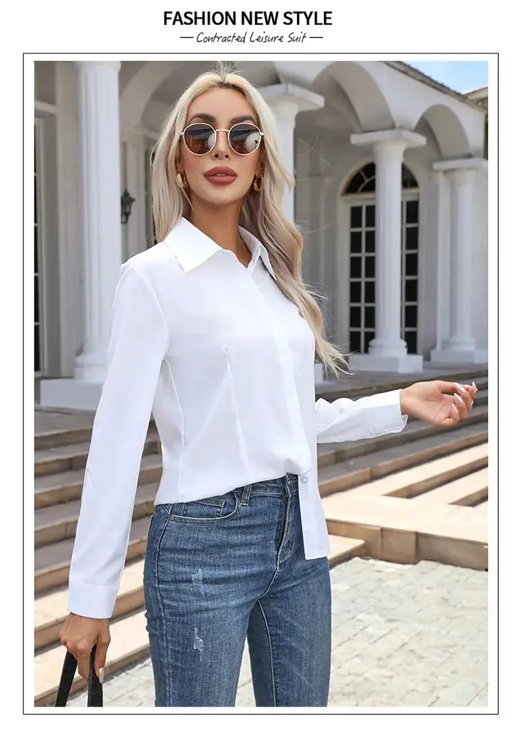 Women's white chiffon button-down shirt by Simples Market with long sleeves and turn-down collar.
