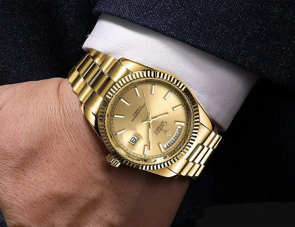 CADISEN DD40 men's gold-tone stainless steel luxury automatic wristwatch with fluted bezel and date display