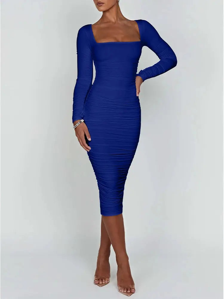 Autumn Winter Women Bodycon Dress Square Neck Long Sleeve Evening