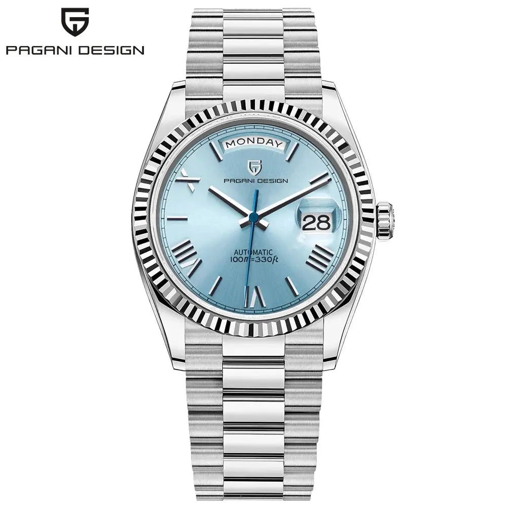 Pagani Design 36mm automatic men's watch with light blue dial, day/date window, stainless steel bracelet