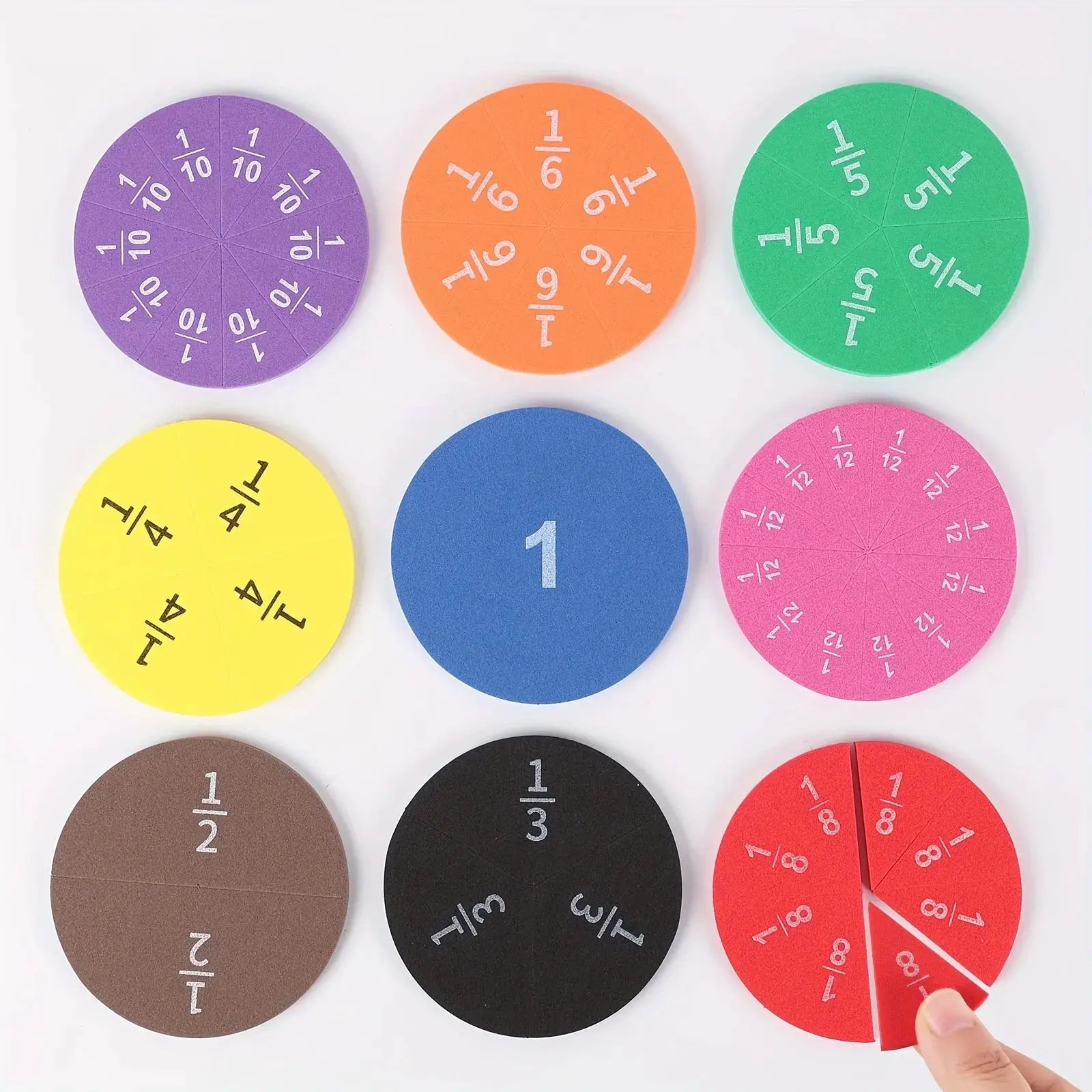 Interactive Fraction Manipulatives set by Simples Market: 9 EVA foam disks in bright colors for addition and subtraction
