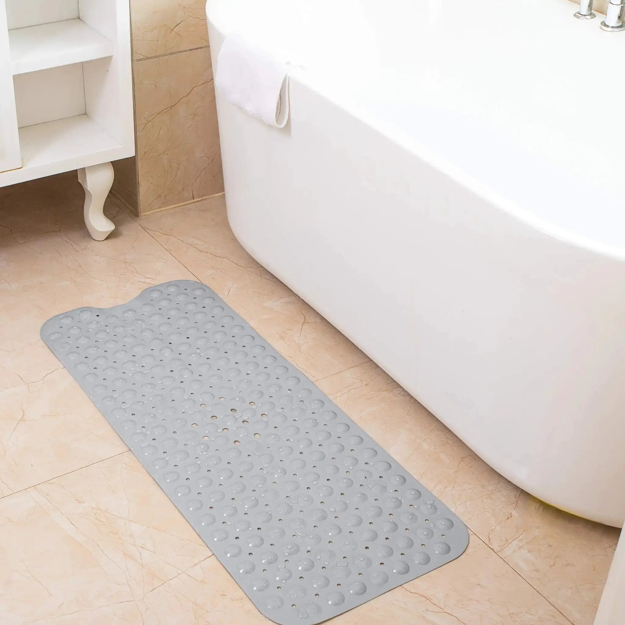 Gray extra-long bath mat for tub (40 x 16 in) with drain holes and non-slip surface