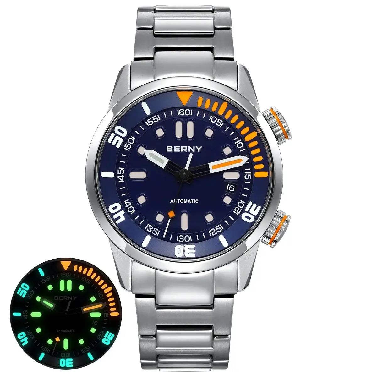 BERNY men's automatic dive watch with blue dial, stainless steel bracelet, orange accents, and luminescent hands.