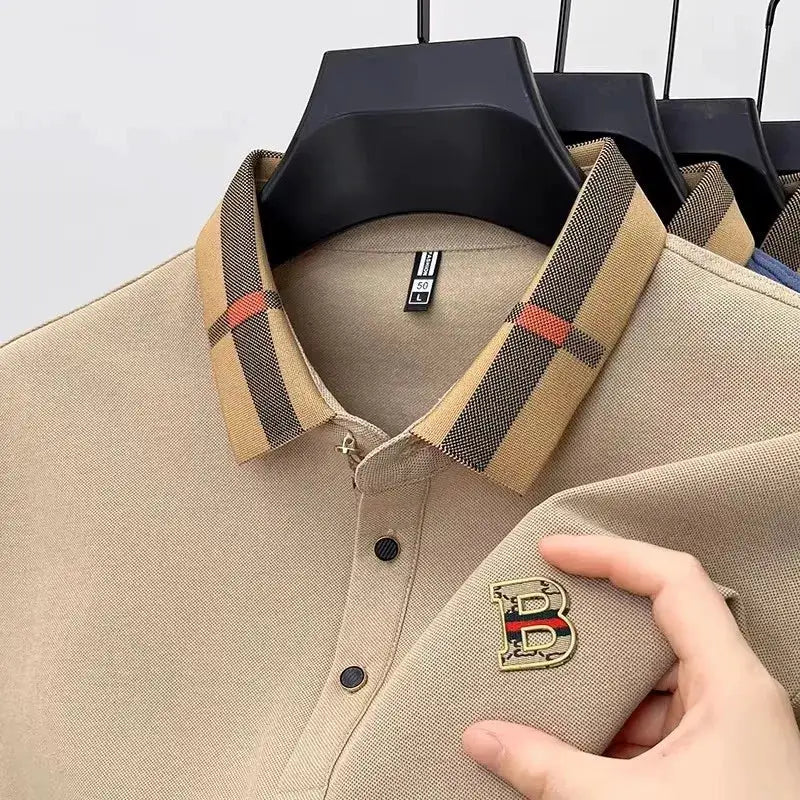 Men's beige polo shirt with plaid collar and B logo patch, short sleeves