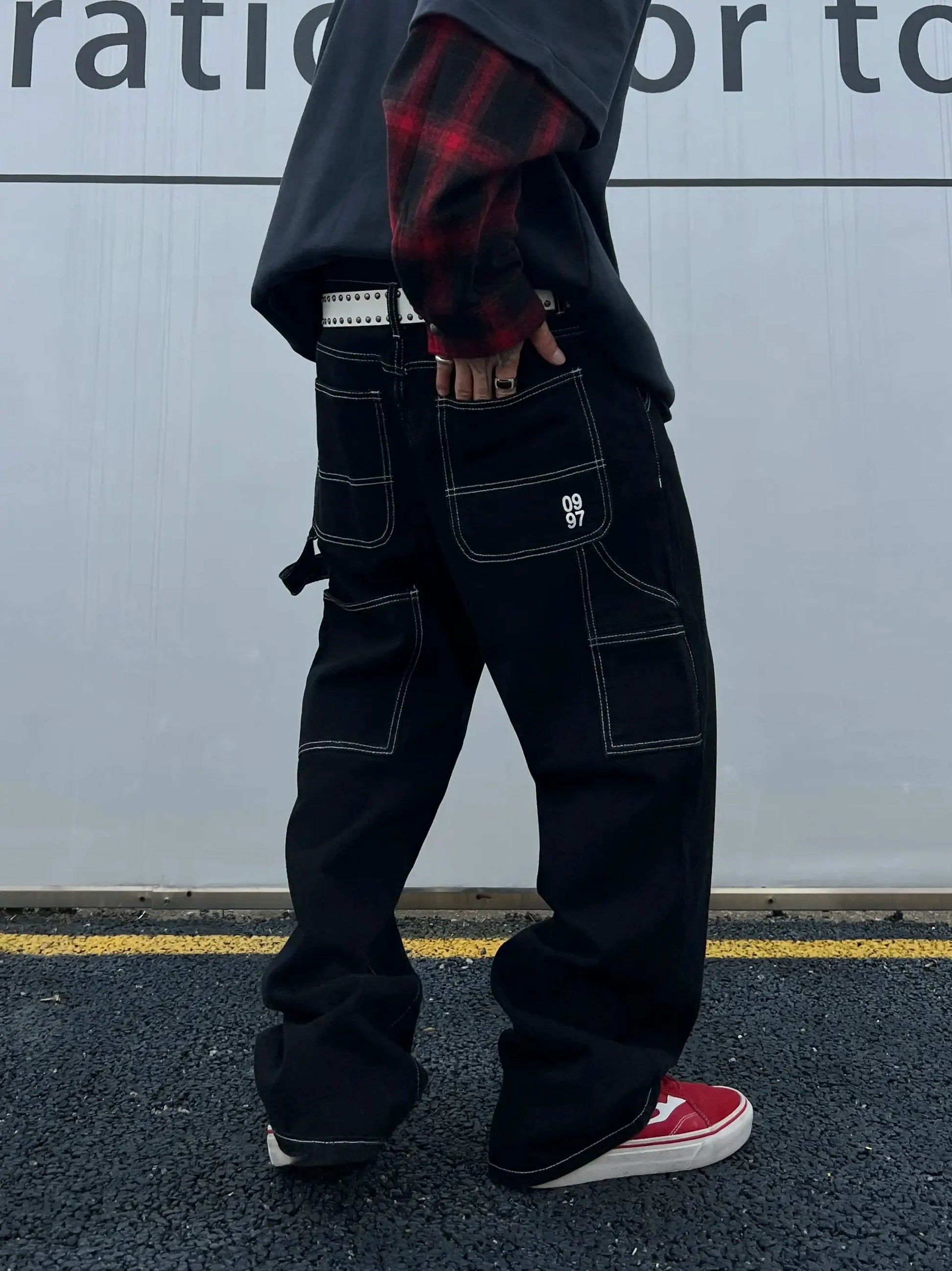 Men's Liys retro black work denim jeans with white contrast stitching and cargo pockets by Simples Market
