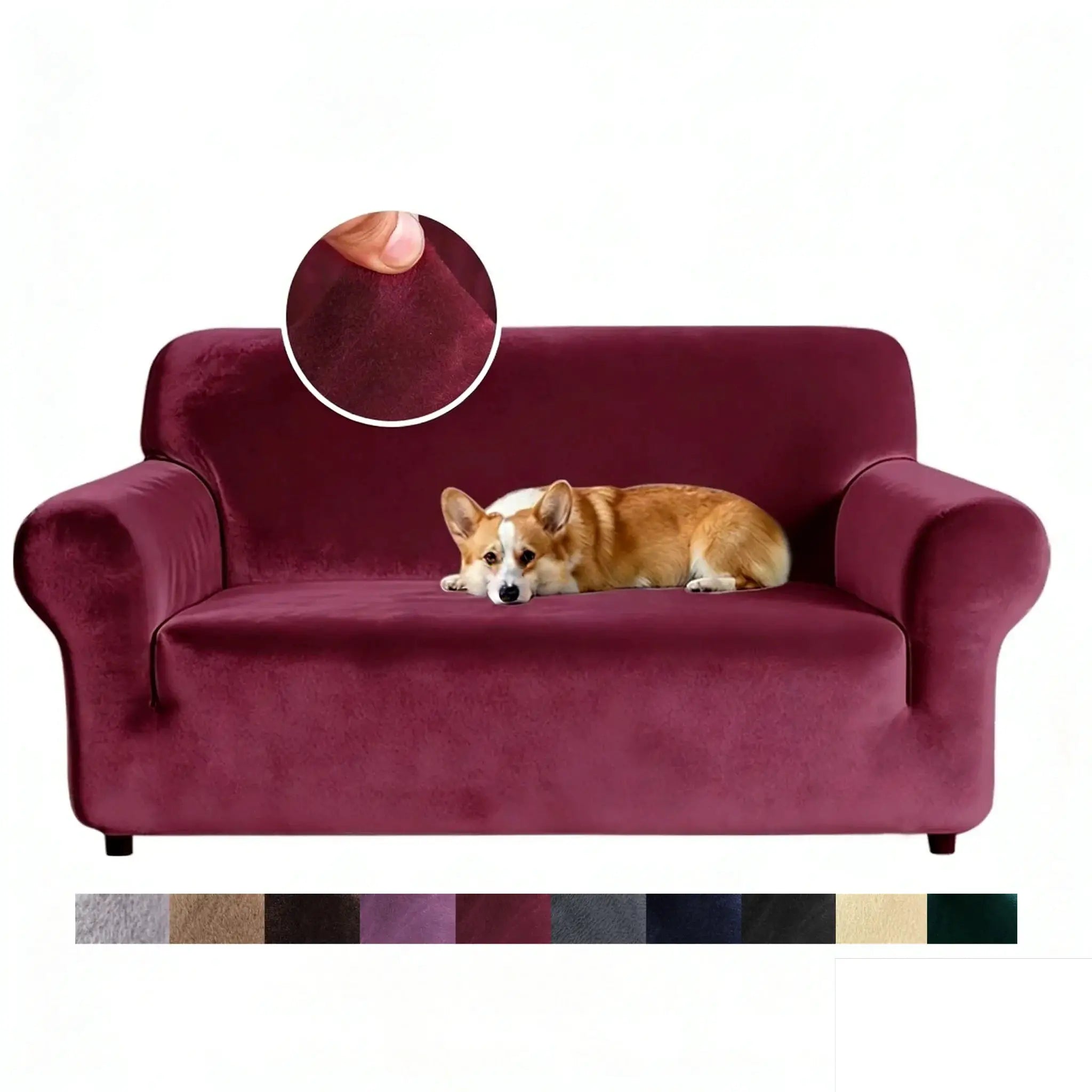 Velvet sofa cover by Simples Market on burgundy 1/2/3/4 seater sofa; elastic plush fabric