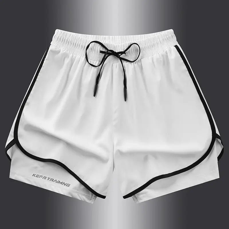 White unisex athletic shorts with black piping and a drawstring, quick-dry running shorts
