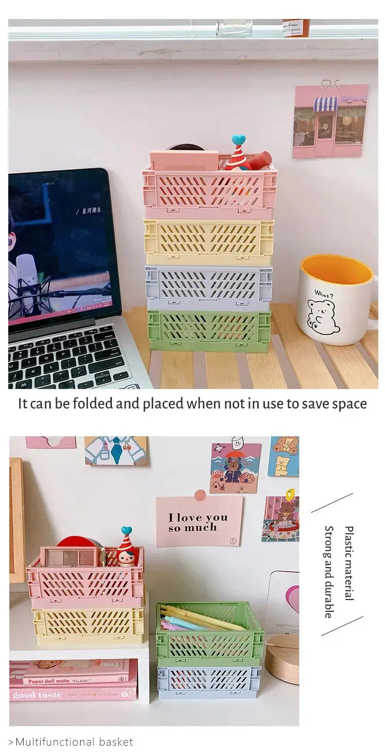 6-color plastic foldable storage baskets by Simples Market for desk organization pastel pink, yellow, blue, green.