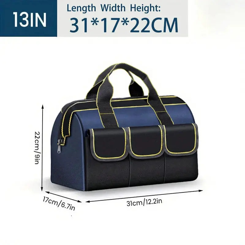 Tool bag 13in by Simples Market, blue and black waterproof electrician storage with three front pockets