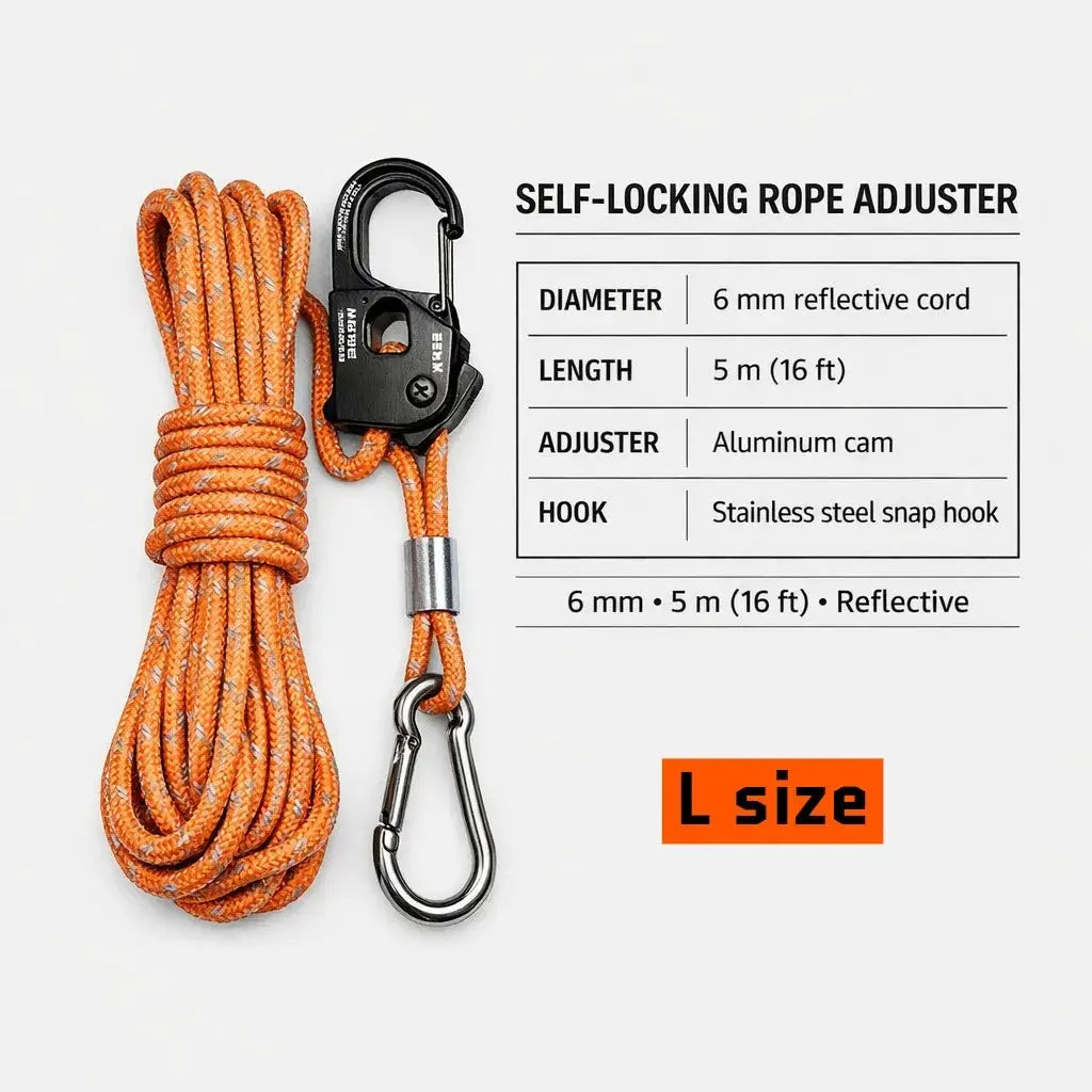 Simples Market aluminum alloy self-locking rope tensioner with orange rope and stainless steel carabiner