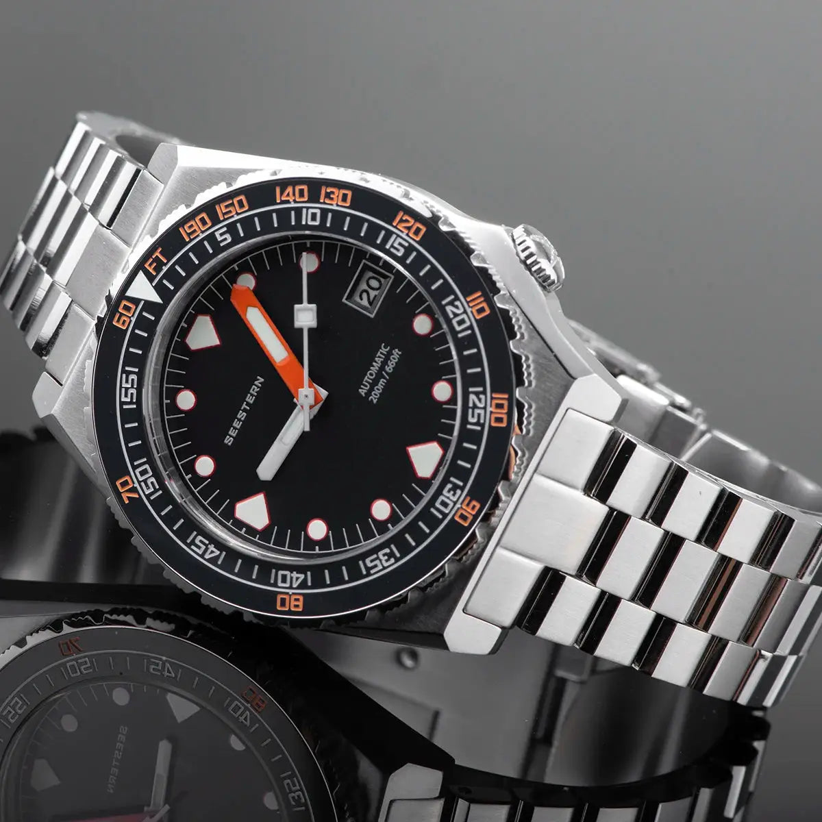 Seestern Sub600T men's diver watch with black dial, orange accents, automatic movement, ceramic bezel.