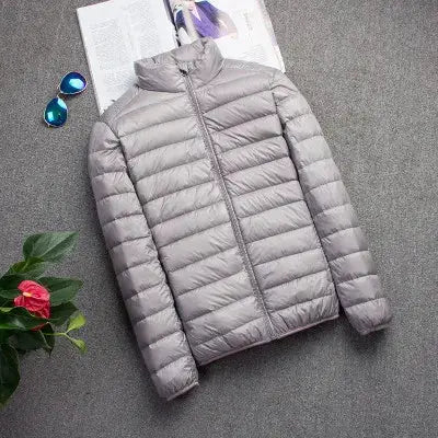 Men's gray down jacket, slim fit, lightweight warmth