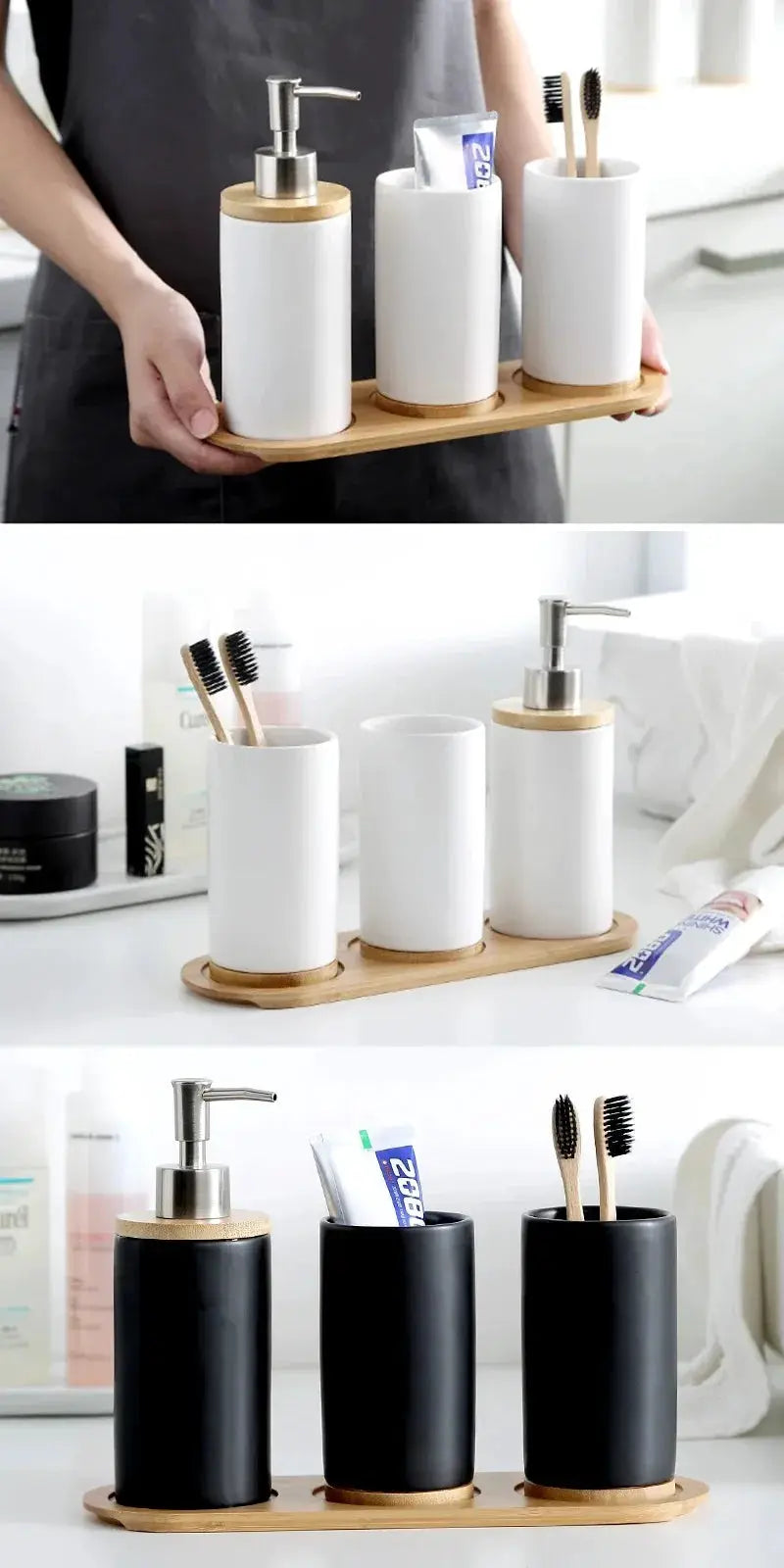 Simples Market 3-piece ceramic bathroom set with soap dispenser, toothbrush holder, tumbler on bamboo tray