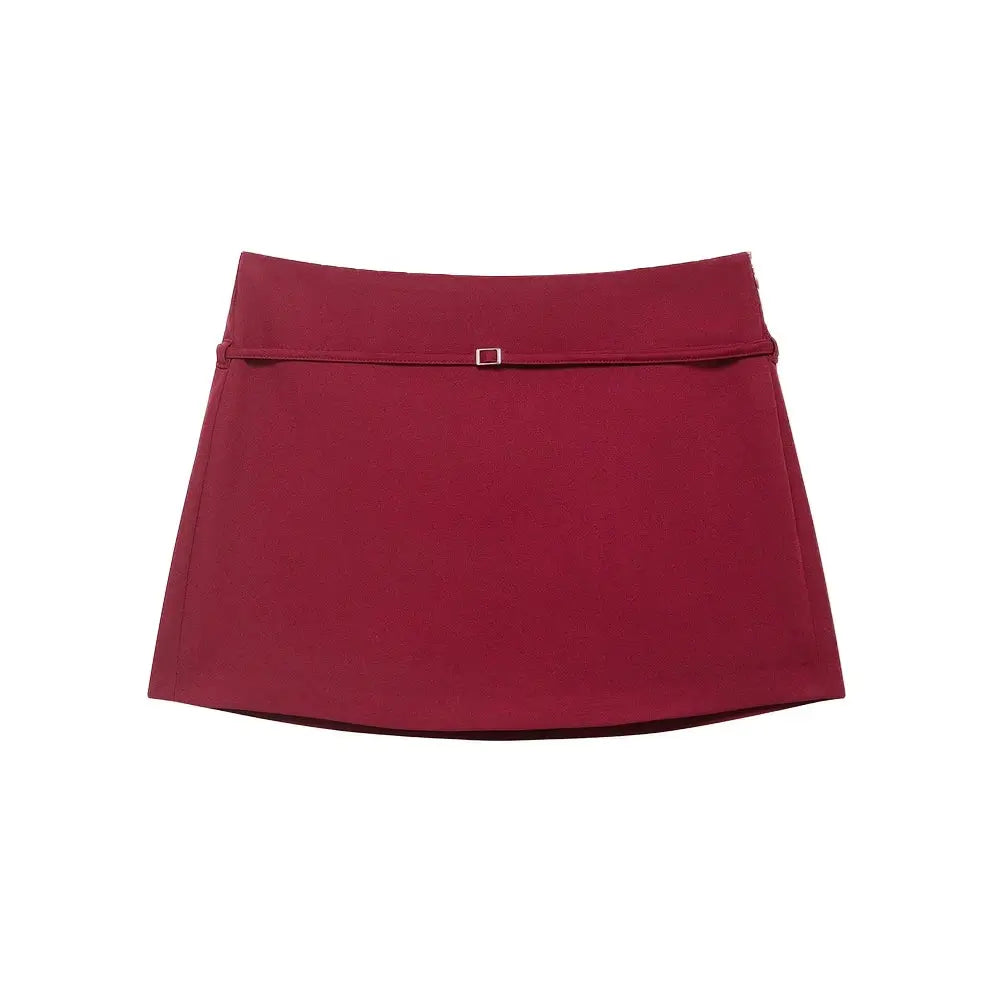 Women's burgundy solid-color skort with belt and side zipper
