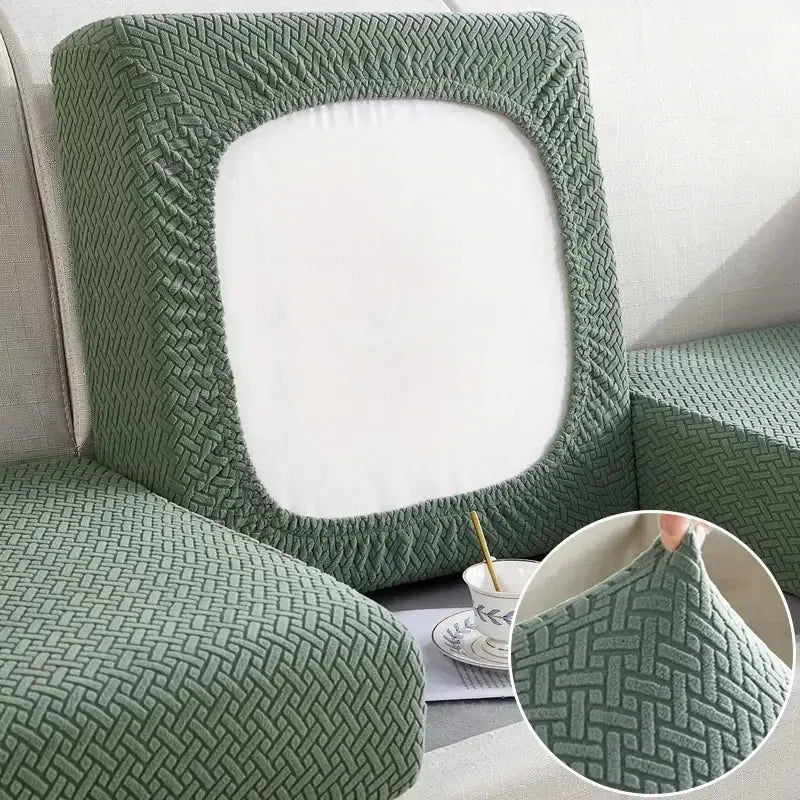 Green jacquard sofa seat cushion cover with thick woven pattern and removable design for sofas