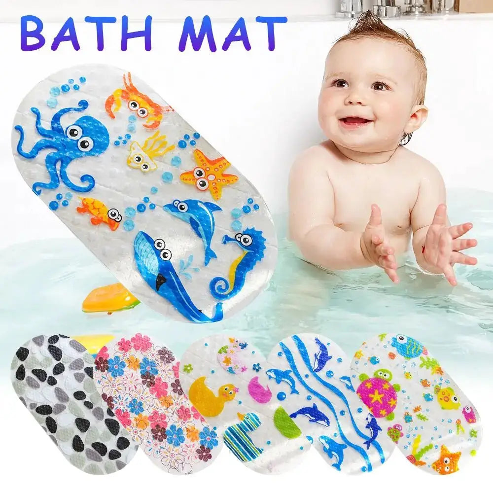 Soft cartoon PVC kids bath mat set with anti-slip suction cups; colorful ocean animals; shown with a baby in tub.