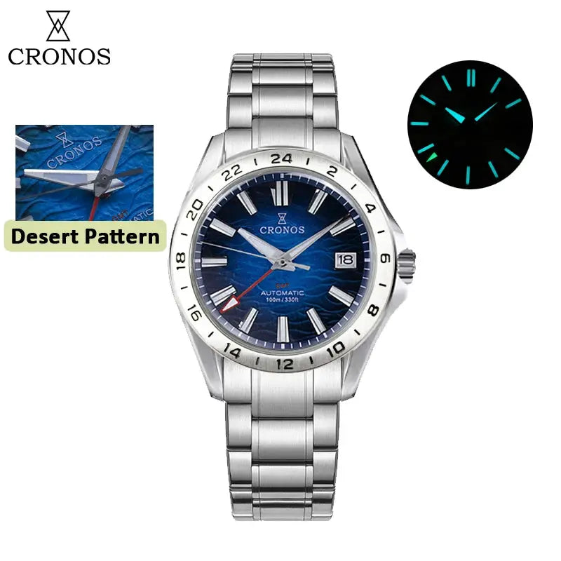 Cronos GS Mechanical Men Watch with blue birch-pattern dial and stainless steel bracelet