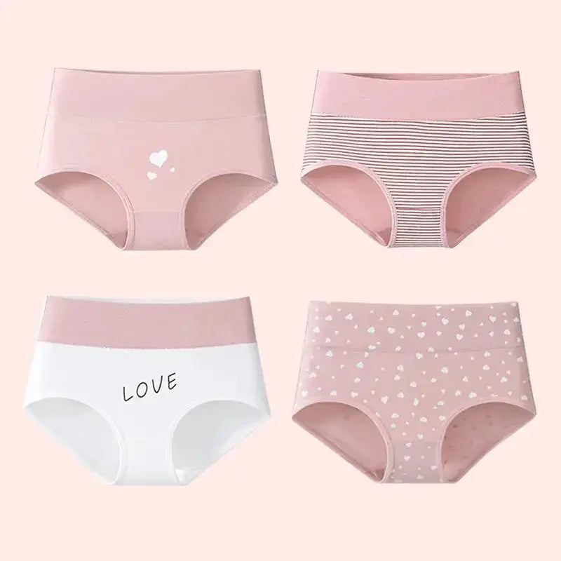 Simples Market 4-pack high-waist cotton panties pink solid, pink stripes, white with LOVE heart print plus size M-5XL