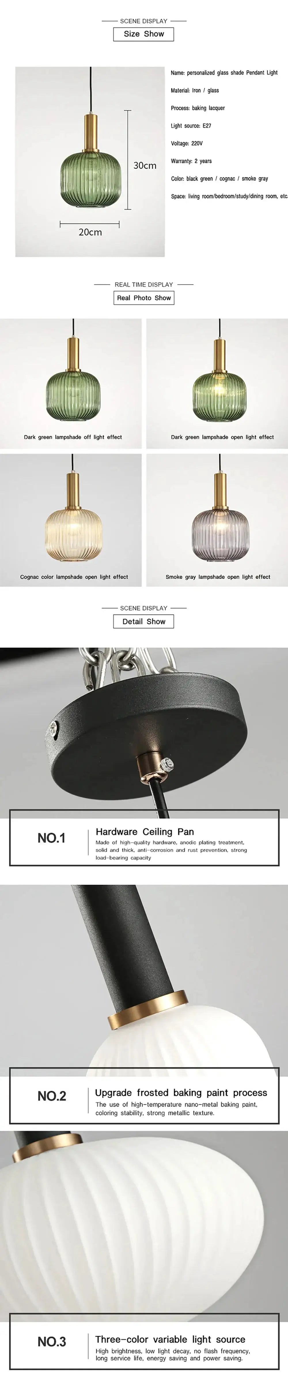 Nordic glass pendant light by Simples Market; green, cognac, or smoke-gray glass shade, single-head dining room hanging lamp.