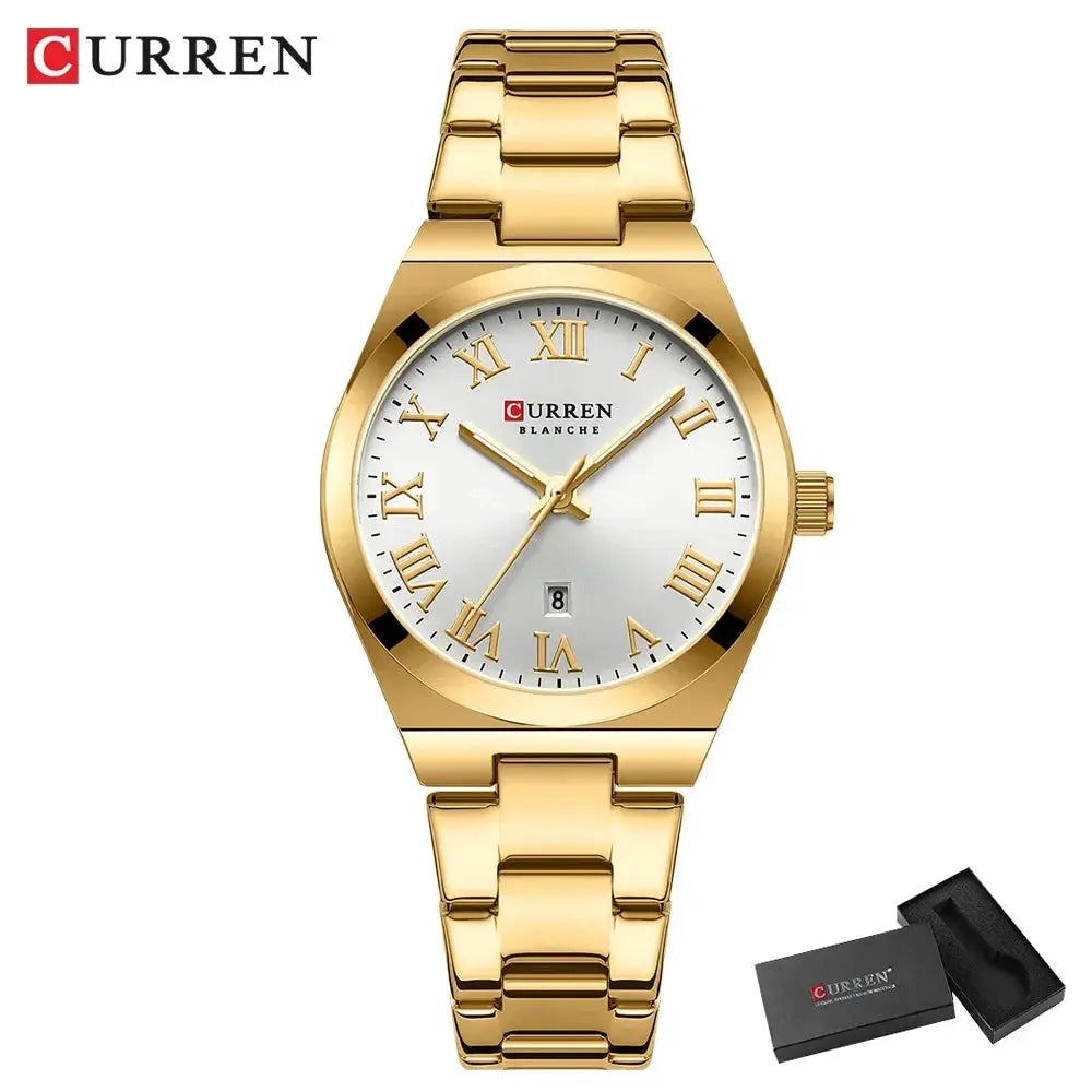 Curren women's gold-tone analog watch with stainless steel bracelet, Roman numeral dial and date window.