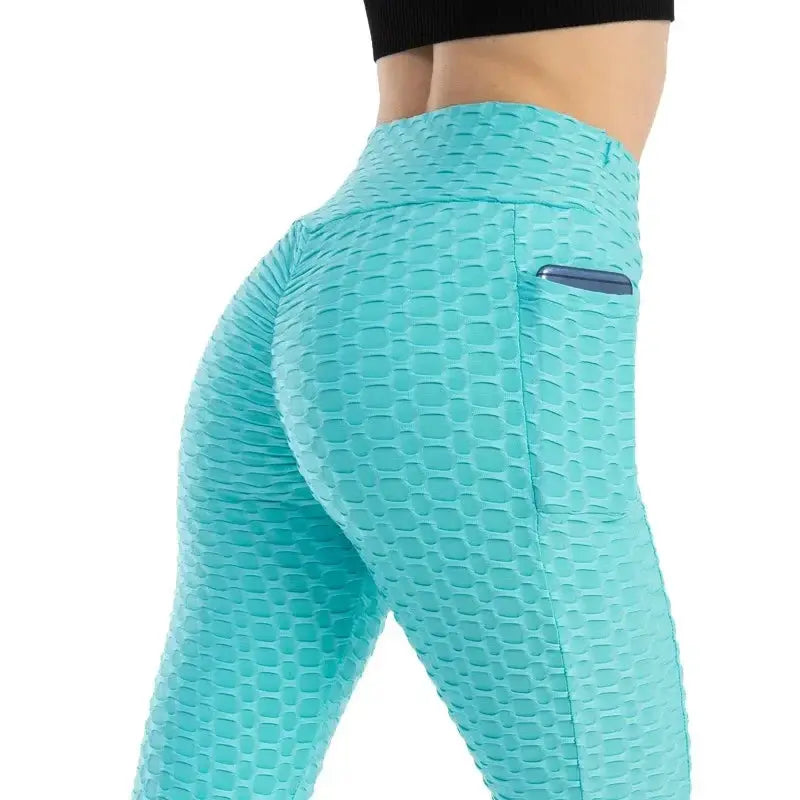 Women’s pocket bubble leggings turquoise, high-waist, stretchy gym pants