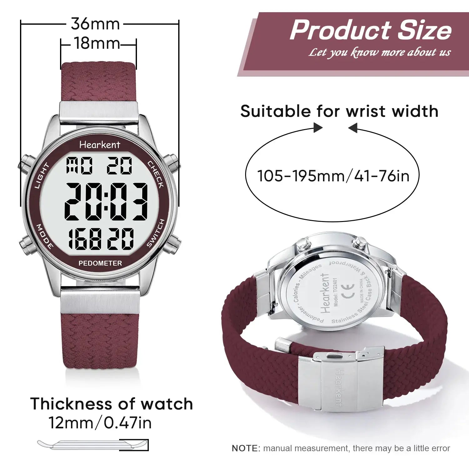 Hearkent pedometer sport watch with maroon strap and stainless steel case, digital display