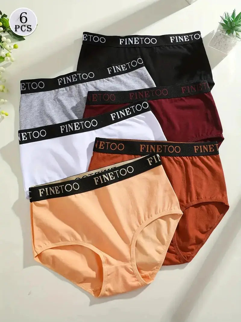 Finetoo 6-pack women's seamless cotton briefs with branded black waistband in assorted colors