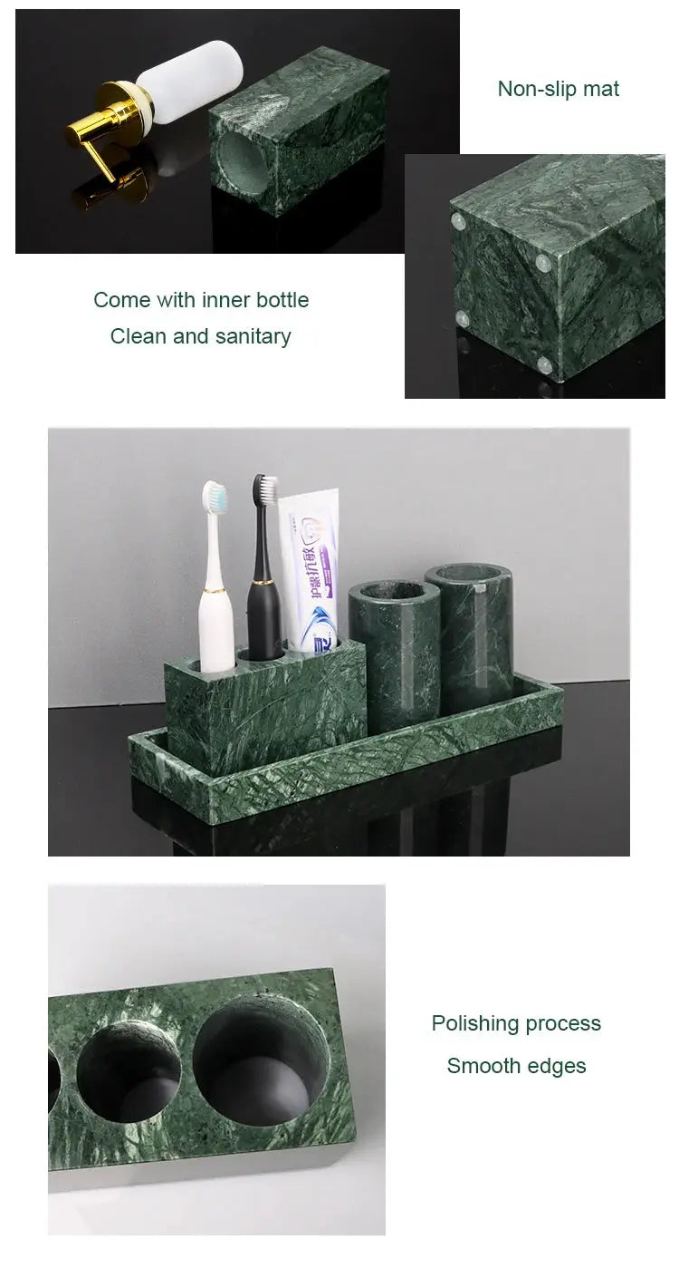 Simples Market Indian Green marble bathroom set with dispenser, dish, toothbrush holder, tissue box, and tray.