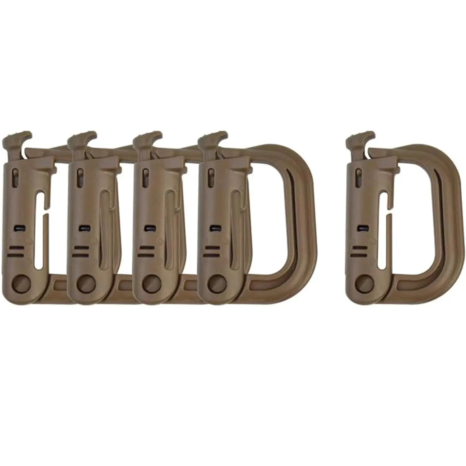 Tactical D-ring carabiner six-piece set by Simples Market, Grimlock locking plastic MOLLE clips, tan